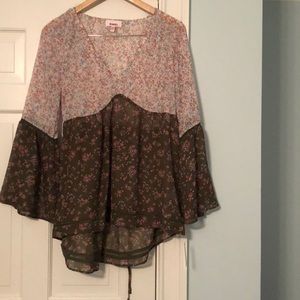 Floral Two Tone Flare Sleeve Blouse